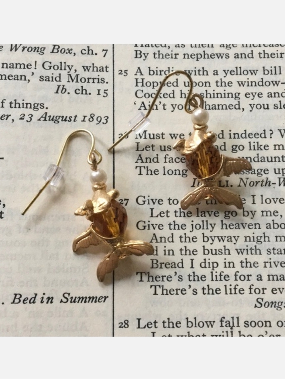 Gold Fish Topaz Faux Pearl Glass Bead Pierced Earrings NEW